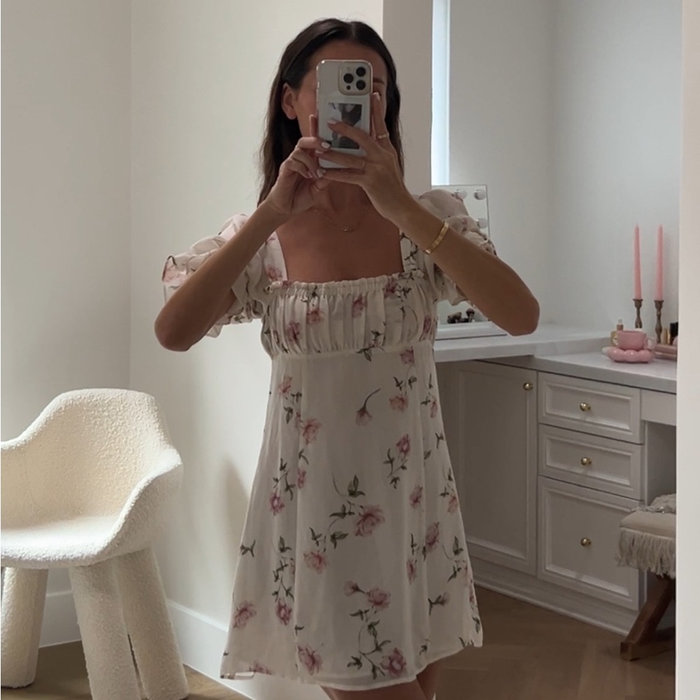 Stone Cold Fox White Floral Mini Puff Sleeve Dress